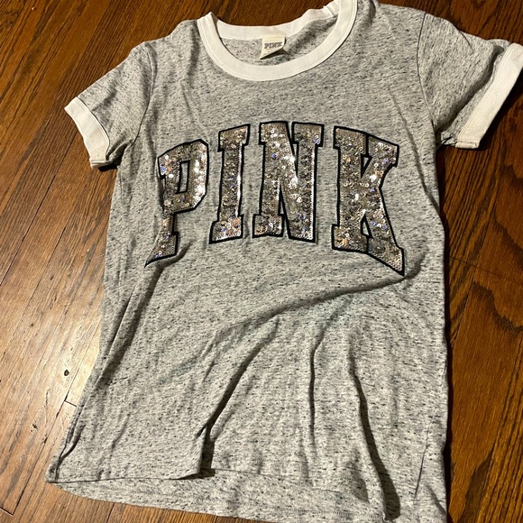PINK Victoria's Secret Tops - Gray PINK t-shirt  sequin letters